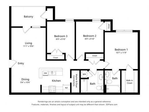 3 Bedroom Floor Plan at The Flats on Waters Edge, Tennessee